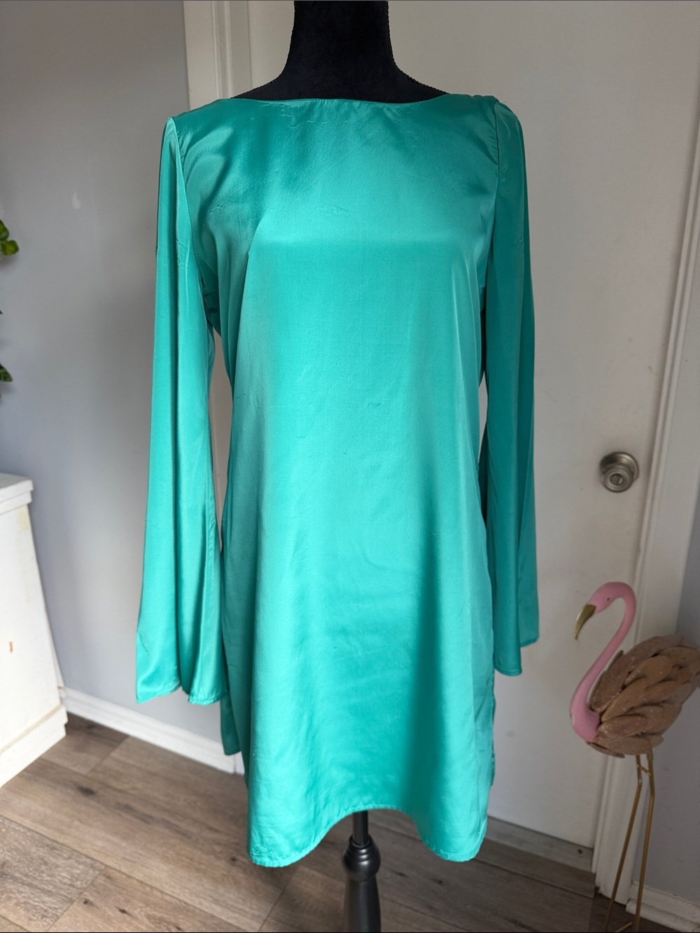 Judith March Teal Satin Long-Sleeve Shift Dress